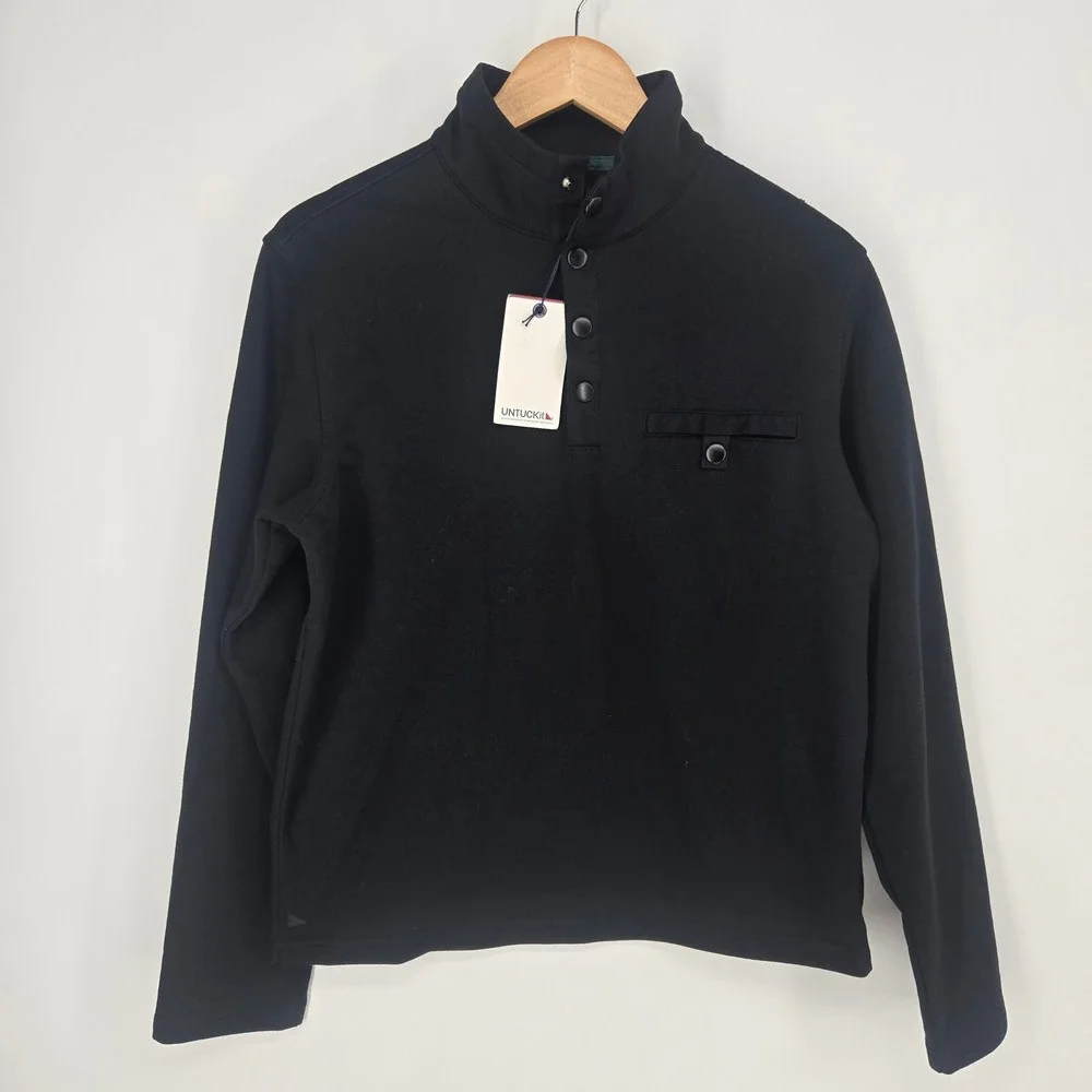 UNTUCKit Parkson Pullover Mens Small Black Snap Mock Neck Fleece Lined 41232 NEW